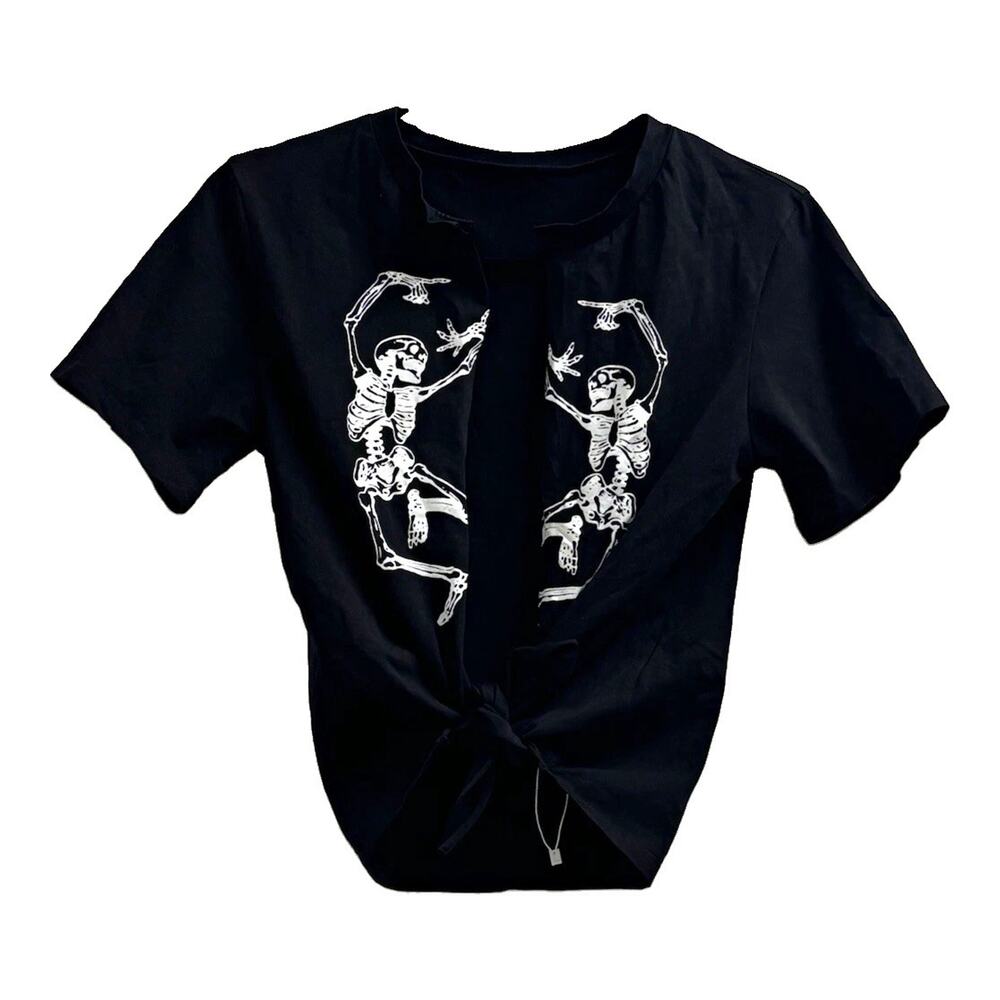 LuFeng Black Tie-Front Spooky Skeleton Graphic Top Halloween/ALT/Grunge/Goth